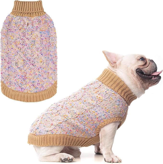 BEAUTYZOO Cable Knit Small Dog Sweater, Color Block with Fuzzy Thread Knitted Turtleneck Dog Knitwear with Dots in a Variety of Colors for Small Medium Dogs Fall Winter Dog Clothes, Beige XS