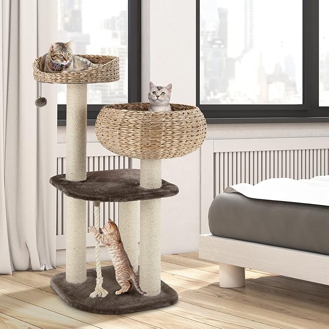 41 Inches Wicker Cat Tree, Modern Cat Tower with Handwoven Cat Condo & Perch, Scratching Post, Dangling Balls and Sisal Rope, Indoor Cat Tree Tower for Large Adult Cats 20 Lbs