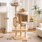 Modern Solid Wood Cat Tree for Indoor Cats Large Adult, 50in Tall Cat Tower with Sisal Scratching Posts, Cat Scratcher Cardboard, Cozy Cat Beds Cave Condo, Multi-Level Cat Furniture