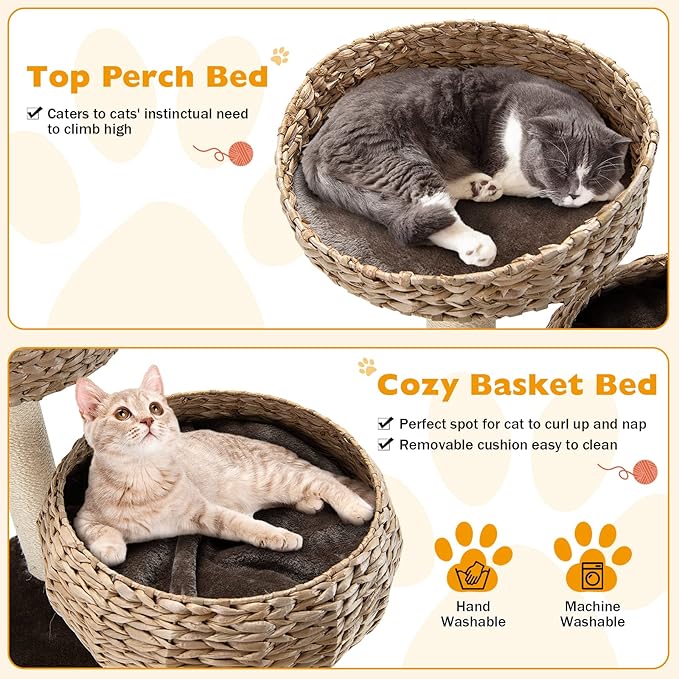 41 Inches Wicker Cat Tree, Modern Cat Tower with Handwoven Cat Condo & Perch, Scratching Post, Dangling Balls and Sisal Rope, Indoor Cat Tree Tower for Large Adult Cats 20 Lbs