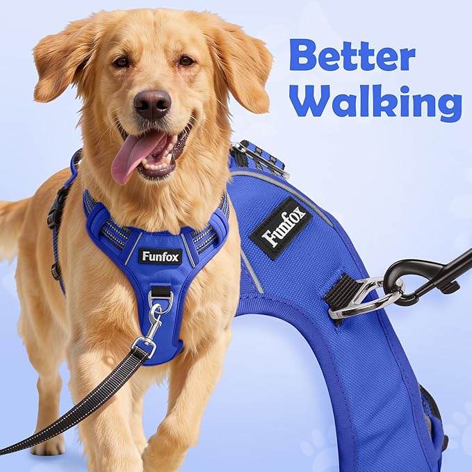 Funfox Dog Harness No Pull, Adjustable Pet Vest Harness, Super Soft Material with Vertical Handle Easy Control, Reflective Night Walking, 2 Leash Clips for Small Sized Dogs, Blue, S