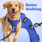 Funfox Dog Harness No Pull, Adjustable Pet Vest Harness, Super Soft Material with Vertical Handle Easy Control, Reflective Night Walking, 2 Leash Clips for Large Dogs, Blue, L