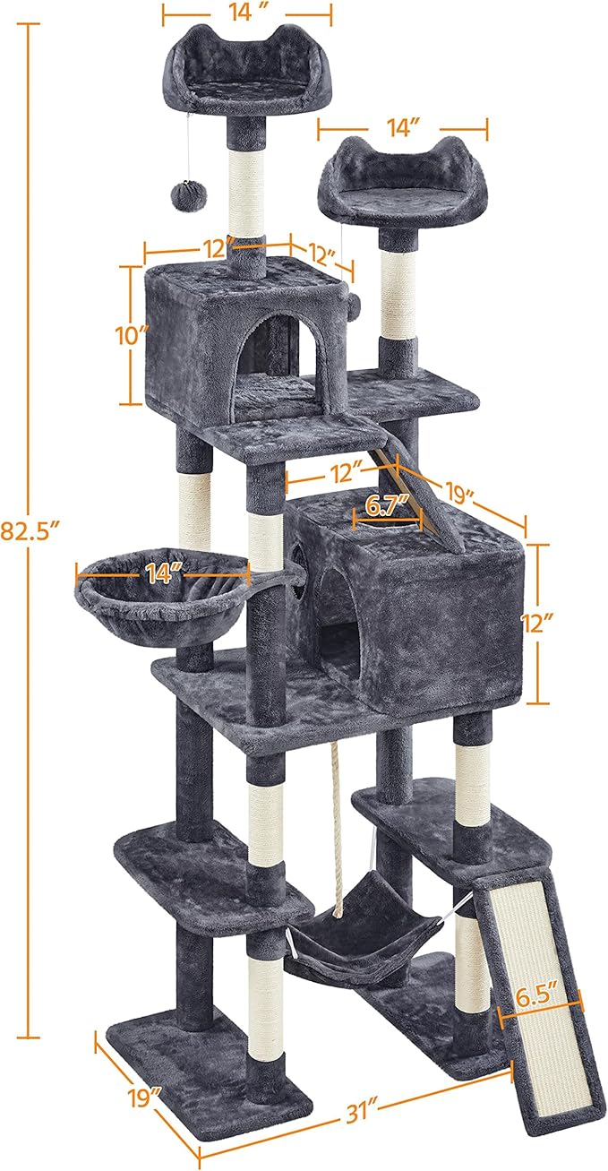 Topeakmart Cat Tree, 82.5in Climbing Tower with 2 Kitten-Ear-Style Top Perches, Hammock, Basket, Scratching Posts, Multilevel Pet Furniture Activity Center for Indoor Felines, Dark Gray
