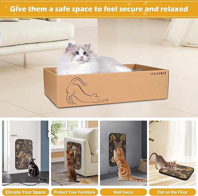 Art Cat Scratcher, 3 Packs Wall-Mountable Art Cat Scratching Board with Box, Cat Wall Scratcher, Cat Scratchers for Indoor Cats Toy Furniture Protector（Elephant&Cat&Panda）