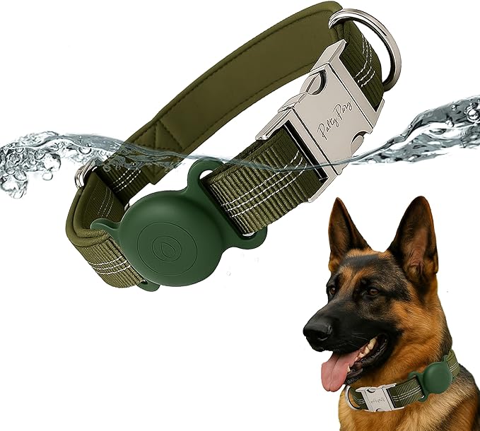 AirTag Holder Dog Collar for Large Medium Dogs, Adjustable Nylon Dog Training Collar with Quick Release Buckle, Reflective Heavy Duty Tactical Dog Collar with Handle (Army Green L)