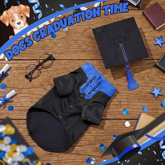5 Pcs Dog Graduation Costume Set Include 2026 Pet Graduation Gown with Stole Puppy Grad Cap Lensless Glasses DIY Letter Stickers for Dogs Cats Holiday Costume Accessory(Black Royal Blue,L)