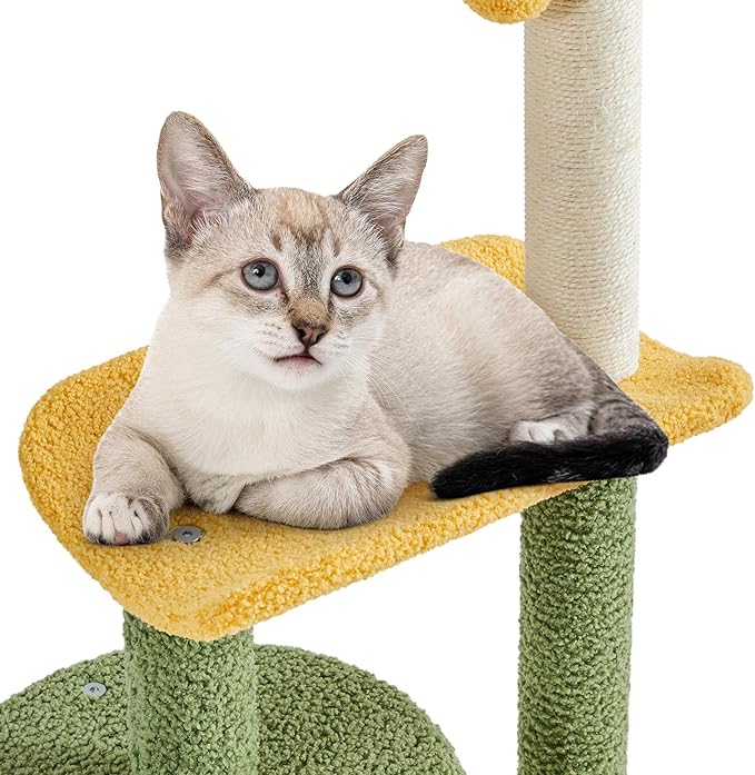 Topeakmart Cute Cat Tree for Indoor Cats, Coconut Palm Cat Tower with Green Leaves, Large Cat Condo Plush Cat House with Sisal Covered Scratching Post Activity Center Cat Furniture for Kitten