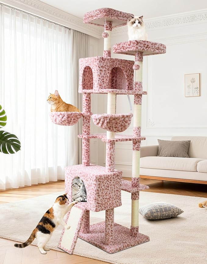 82" Tall Cat Tree,Giant Cat Tree for Indoor Cats Large Adult, Heavy Duty Cat Tree Tower, Extra Large Cat Trees with Scratching Posts, Cat Condos, Hammock,Top Perch,Ramp (Pink)