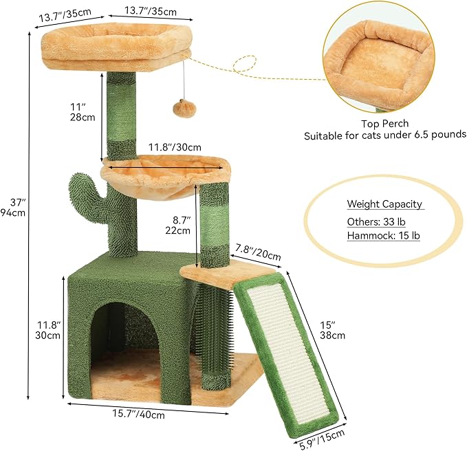 DWVO Cactus Cat Tree: 37" Tall with Self-Grooming Brush, Cute Kitten Climbing Tower for Indoor Kittens with Cat Condo, Plush Platform, Hammock, Sisal Scratching Posts, Dangling Ball