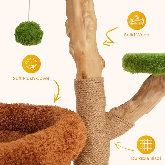 32" Multi-Level Cat Tree Tower, Natural Wood Cat Furniture with Sisal Scratching Posts, Beds & Condo, Cute Cat Tree for Indoor Cats and Multi-Cat Households