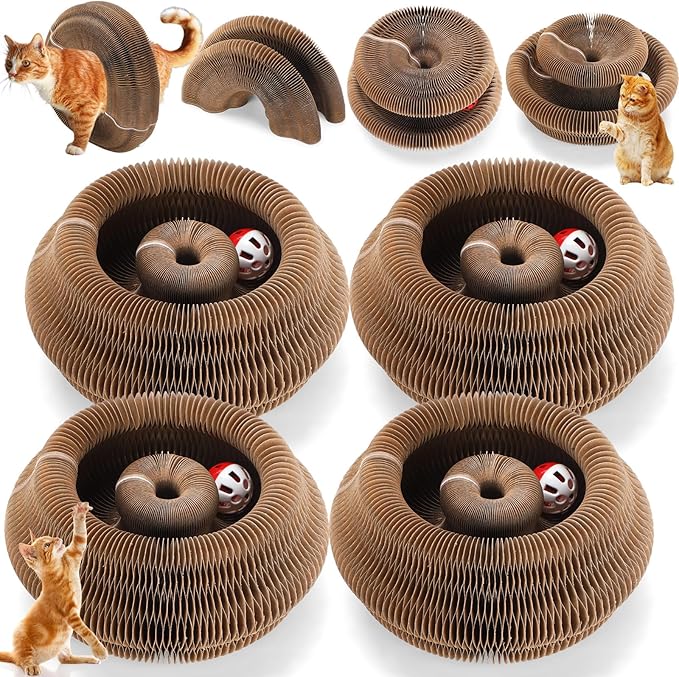 Soulchen 4 Pcs Magic Organ Cat Scratching Board, Combinable Cats Toy for Adult Pets, Interactive Cardboard Kitten Scratcher with Bell Ball, Durable Foldable Accordion Scratch Pad (Cat Paw)