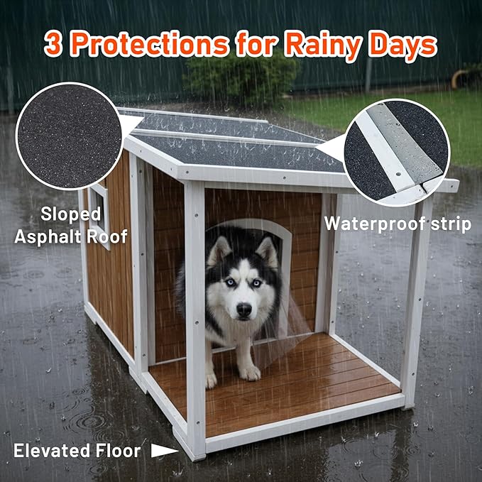 Dog House Outdoor, 59” Insulated Dog House, Weatherproof Outdoor Dog House Insulated with Elevated Floor and Openable Roof, Wooden Dog Houses Large