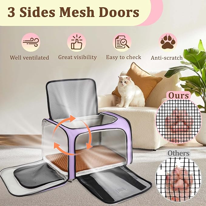 Cat Carrier Dog Carrier - Soft-Sided Cat Carrier with Plush Pad & Cooling Mat, Easy-Load 4-Side Zipper & 3-Side Mesh Ventilation, Pet Carrier Airline Approved for Cats/Dogs Up to 16 lbs, Purple