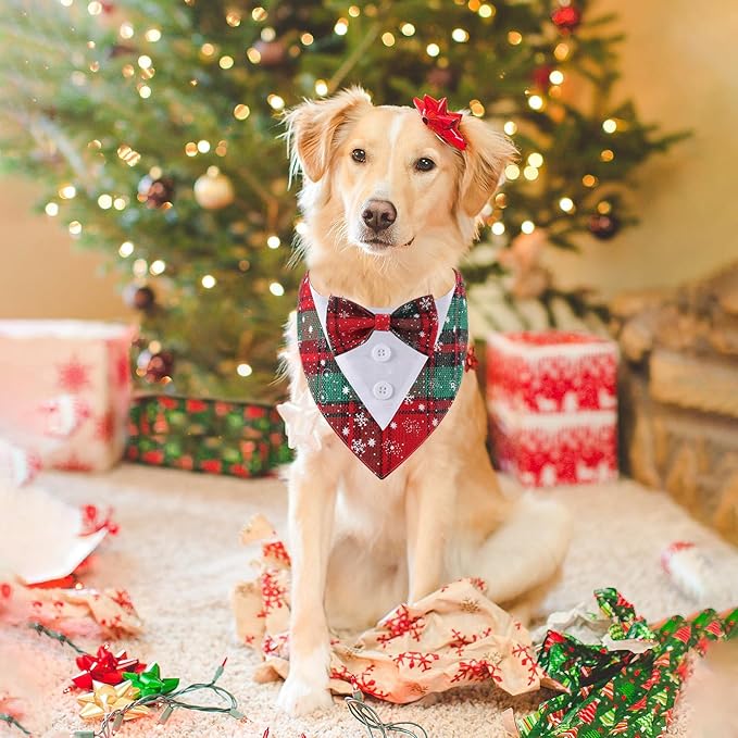 Adjustable Plaid Christmas Dog Tuxedo Bandana with Bow Tie - Holiday Pet Outfit Costume for Dogs XS to XL