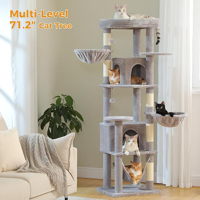 71.2 Inches Tall Cat Tree for Large Cats, Multi-Level Cat Tower with 2 Cozy Condos, Super Large Top Perch, 3 Hammocks, Sisal Scratching Posts and 2 Pompoms, Grey
