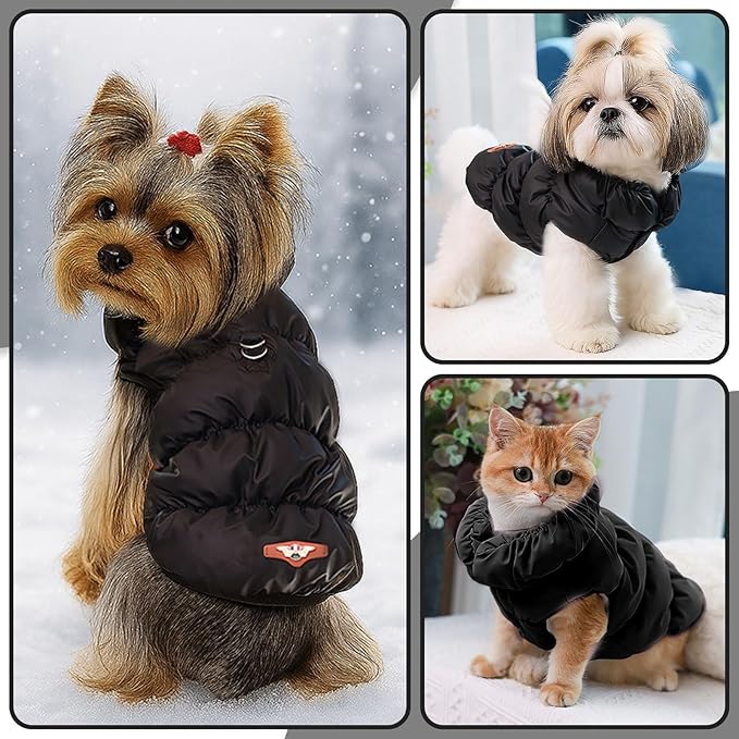 Winter Warm Dog Jacket for Small Medium Dogs Cat Cold Weather Coats with Harness Paded Dogs Fleece Vest Waterproof Windproof Dog Snow Jacket Pet Puppy Clothes (Black,L)