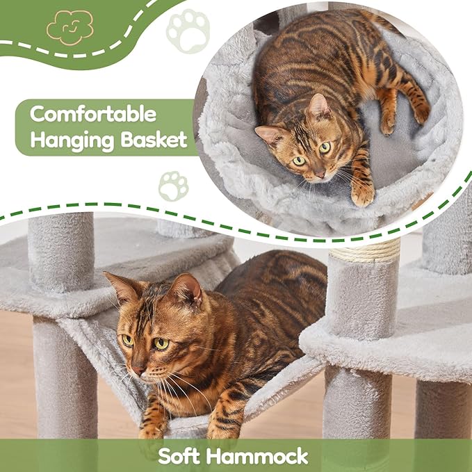 Taoqimiao MS042W Cat Tree,66-inch Large Cat Tower with Scratching Posts, Luxurious Large Platform for Big Cats with Soft Hammock, Adjustable Basket, Deluxe Cat Cando, Top Perch Light Gray