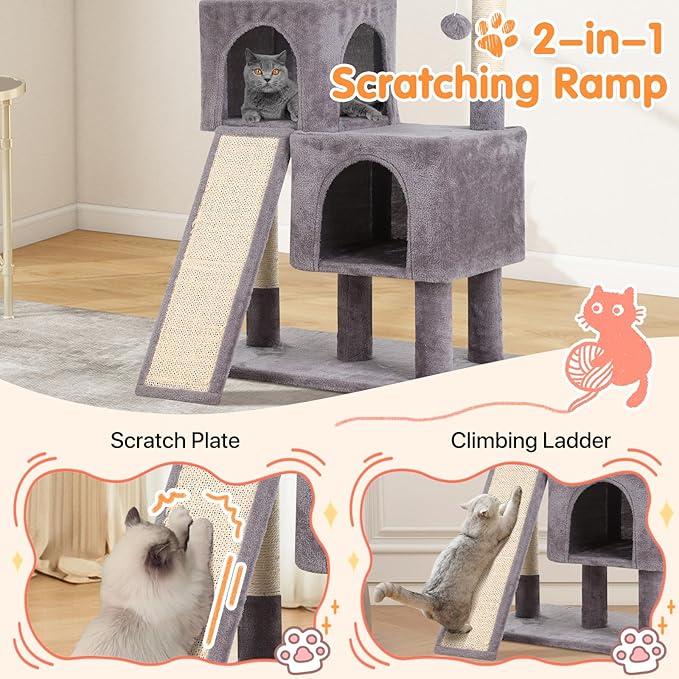 Cat Tree 36-Inch Cat Tower with Scratching Post Multi-Level Cats Condo with Ramp,Large Perch,Dangling Ball,Pet Play Tower for Kittens & Adult Cats(Ashy)