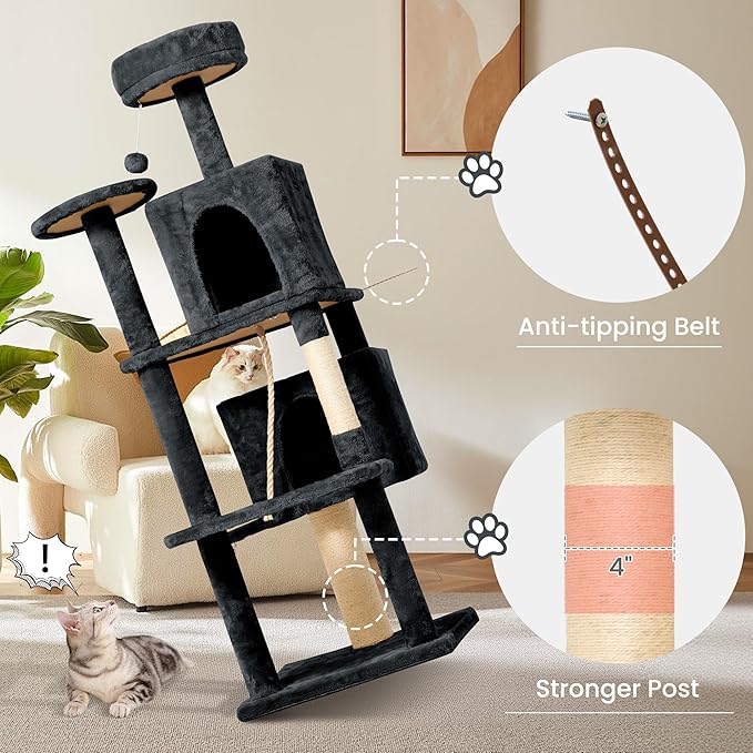 58" Cat Tree Large Cat Tower Condo w/Multi-Level Scratching Post for All Indoor Cats (Dark Grey)