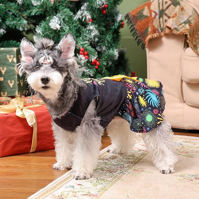 CuteBone Happy New Year Dog Dresses Velvet Holiday Small Dogs Clothes Onesie Pet Apparel Girl Puppy Skirt with Bow Hair Rope CVA56L-D
