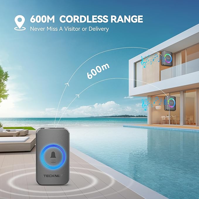 TECKNET Wireless Doorbell with 2 Plug-In Receivers, IP65 Waterproof Doorbells for home, 1300ft Operating Range, 60 Melodies & 5 Volume Levels of 0-120 dB, RGB Light for Hearing Impaired