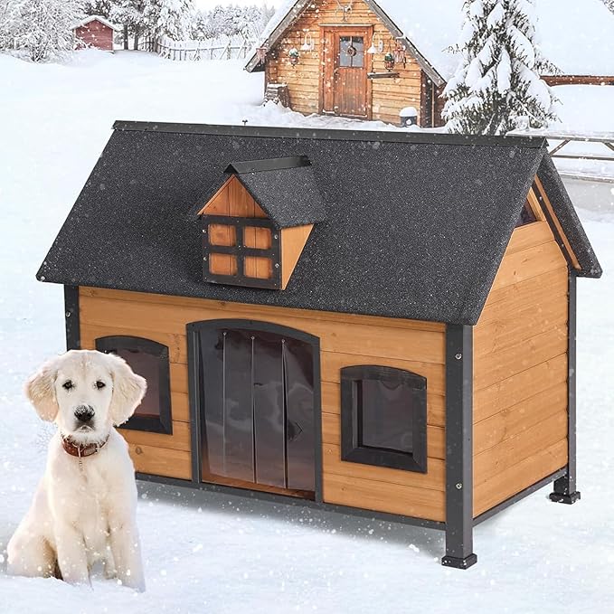 GUTINNEEN Large Dog House Outdoor & Indoor Dog Cage with All-Around Metal Frame,Waterproof Dog Kennel for Small,Medium,Large Dogs