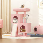 Cat Tree Tower with 2 Cat Condo, Cat Tower with Scratching Post & Sisal-Covered Scratching Board Ladder, Cat Climbing Tower, Cat Tree for Indoor Cats 34 Inch, Soft Pink