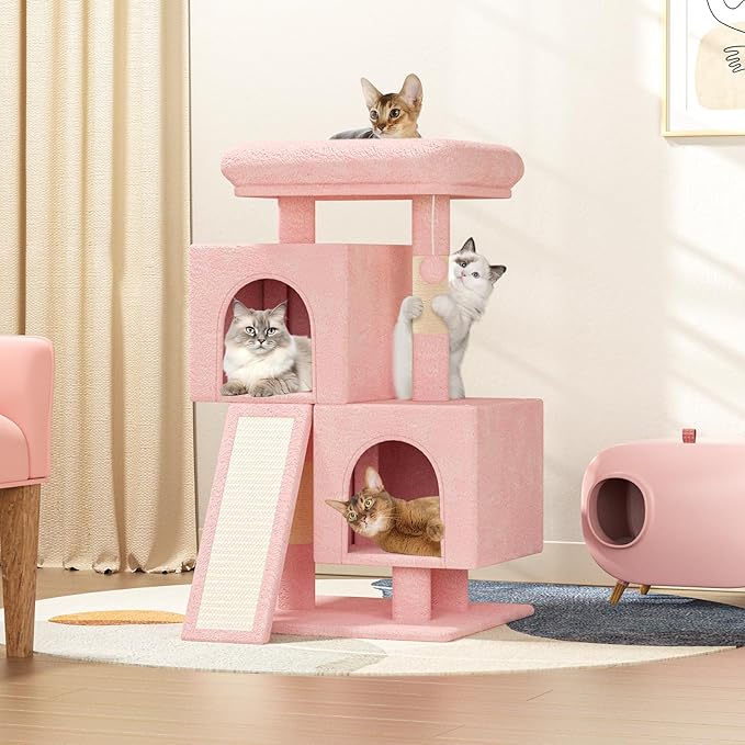Cat Tree Tower with 2 Cat Condo, Cat Tower with Scratching Post & Sisal-Covered Scratching Board Ladder, Cat Climbing Tower, Cat Tree for Indoor Cats 34 Inch, Soft Pink