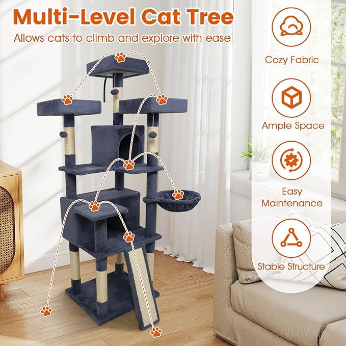 PETSITE Multi-Level Cat Tree, 65 Inches Tall with Sisal Scratching Posts, Condos, Rotatable Cat Basket, Dangling Balls, and Sisal Ladder, Ideal for Indoor Cats to Play and Rest (Dark Grey)