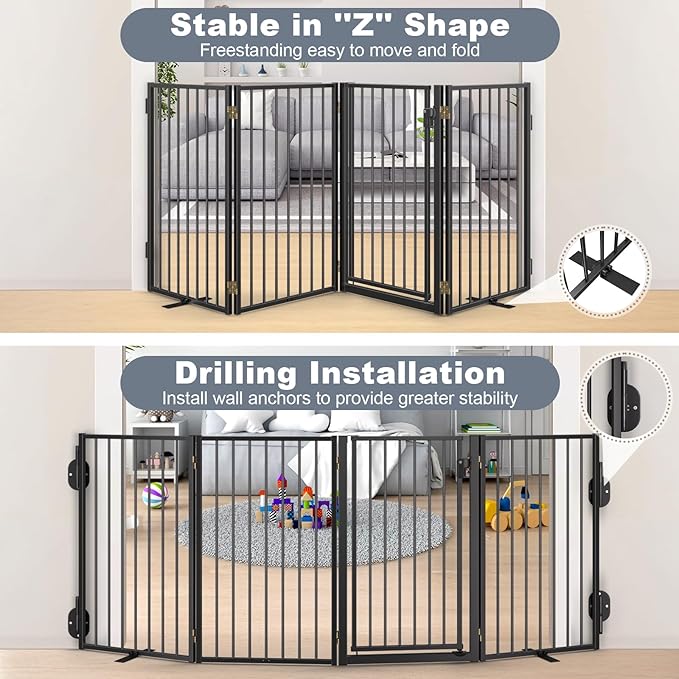 Metal Freestanding Dog Gates with Door for Outdoor Indoor,80'' Extra Wide 32'' Tall Free Standing Dog Gate for Doorways,Large Openings,Deck,Yard,Foldable Safety Pet Fence(Black,4 Panels)