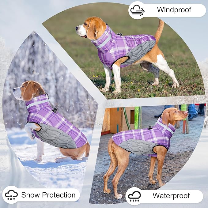 BEAUTYZOO Dog Winter Coat with Harness Built in, Reflective Plaid Puffer Vest Waterproof for X-Large Dogs, Fleece Warm Puppy Zipped Jacket with D Ring, Pet Cold Weather Sweater Clothes, Purple XL