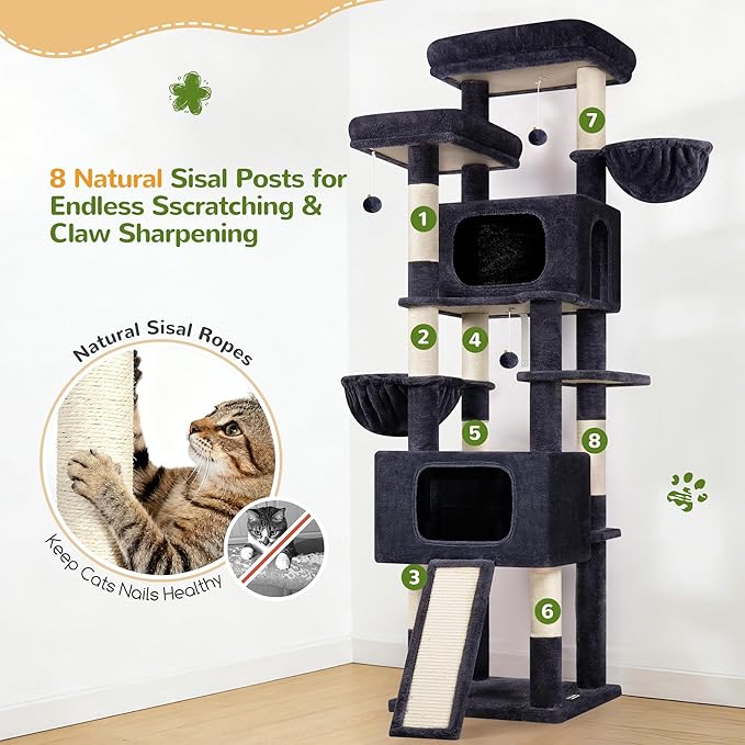 Globlazer 77" Cat Tree for 4+ Large Cats, Multi-Level Cat Tower with 2 Condos, Hammocks & Scratching Board, Stable Reinforced Base, Skin-Friendly Plush, S77E, Dark Grey