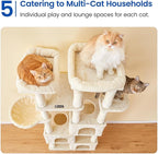 MWPO Large Cat Tree for Indoor Cats, 63-inch Cat Tower with 3 Cat Condos, Scratching Posts, Padded Perches, Hammock, Dangling Toys, Beige
