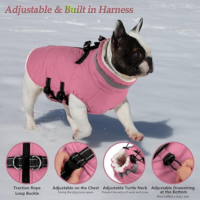 Dogcheer Dog Coat with Harness, Waterproof Dog Jacket Adjustable Winter Coat with Zipper, Christmas Puppy Snow Jacket Fleece Sweater for Small Medium Large Dogs - Light Pink M
