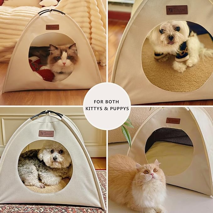 Pop-up Cat Tent Indoor Outdoor, Waterproof Cat House with Removable Cushion for All Seasons, Portable Pyramid Cat Cave Bed for Cats & Small Dogs, No Assembly Folding Pet Tent,18.9x18.9x15.4, White