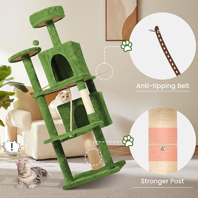 58" Cat Tree Large Cat Tower Condo w/Multi-Level Scratching Post for All Indoor Cats (Green)