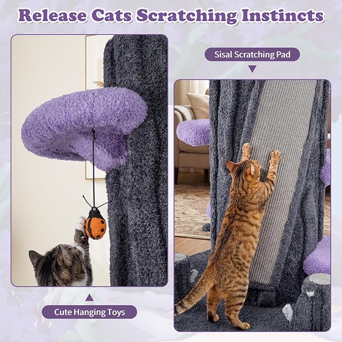 PETSITE 90.5-inch Tall Cat Tree, Tree-Like Modern Cat Tower with Sisal Scratching Pad, Five Cat Condos, Cute Hanging and Spring Toys, Large Cat Tree Tower for Indoor Cats (Purple)