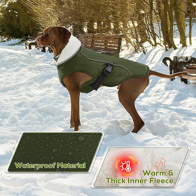 EMUST Dog Cold Weather Coats, Fleece Lining Small/Medium/Large Dog Jacket for Winter, Warm Waterproof Pet Winter Clothes for Large Dogs, Green, XL