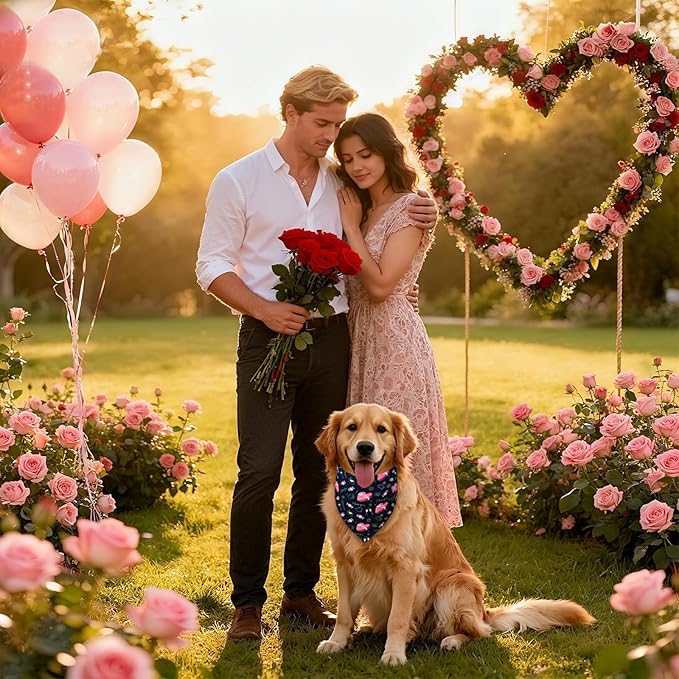 Valentine’s Day Dog Bandana for Medium to Large Dogs - Reversible Black Red Hearts Candy Print Scarf, Cute Pet Accessory for Valentine Gift