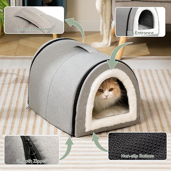 Hollypet Cat Bed Self-Warming 2 in 1 Foldable Kitty Cave Hut House Nest Pet Sleeping Bed, Linen Pet Condo for Indoor Cats, Gray Arched Cave