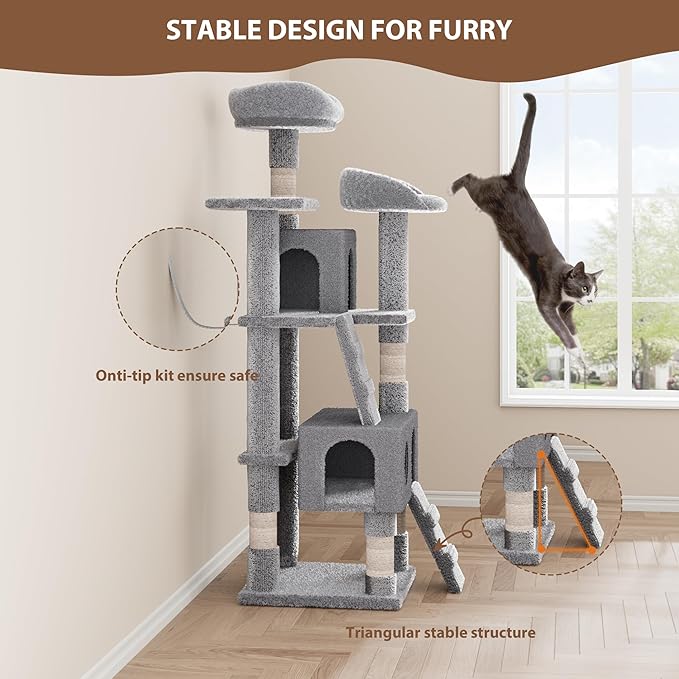 Cat Tree, Tall Cat Tower Condo for Indoor Large Cats, Cat House Furniture with Padded Plush Perch Sisal Scratching Posts (Grey, 63 * 19.7 * 19.7 in)
