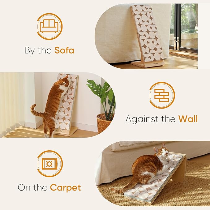 FUKUMARU Cat Scratcher Ramp for Indoor Cats, 23.66 Inch Wood L Shape Cat Scratching Board, Replaceable Cardboard Cat Scratch Pad, Vertical Kitten Scratcher Furniture Protector for Couch Sofa Wall