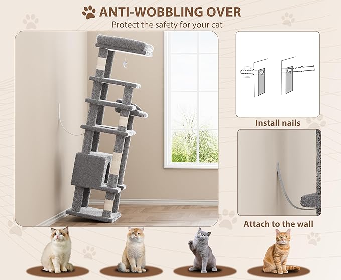 GarveeLife Cat Tree, Tall Cat Tower Condo for Indoor Large Cats, Cat House Furniture with Padded Plush Perch Sisal Scratching Posts