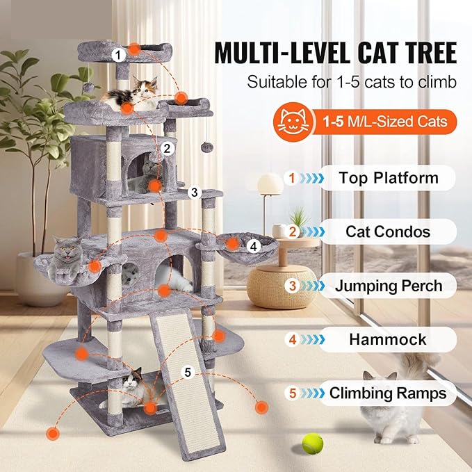 Cat Tree Tower 68.5" for Indoor Cats with 2 Condos, Scratching Posts, Hammocks & Perches, Multi-Level Cat Furniture with Sisal Posts & Plush Platforms, Supports Multiple Cats