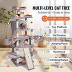 Cat Tree Tower 68.5" for Indoor Cats with 2 Condos, Scratching Posts, Hammocks & Perches, Multi-Level Cat Furniture with Sisal Posts & Plush Platforms, Supports Multiple Cats