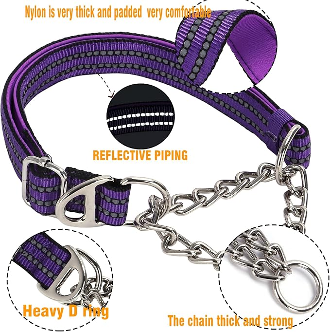 Reflective Martingale Dog Collar，Trainer Approved Limited Slip Collar with Chain Heavy Duty D-Ring Adjustable for Gentle & Effective Medium Large XL XXL Dogs （Purple L）