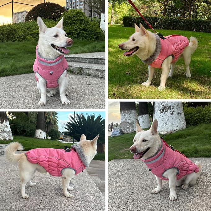 Malier Dog Coat, Reflective Dog Jacket Waterproof Windproof Puppy Cold Weather Coats with Harness Built in, Winter Extra Warm Pet Coat Fleece Vest for Small Large Pets and Puppy (Pink, X-Large)