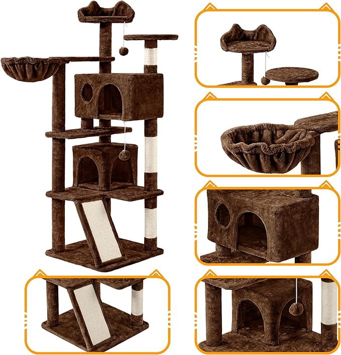 Yaheetech 57 inches Cat Tree for Indoor Cats, Multi-Level Cat Tower w/ 3 Perches, 2 Cat Condos, 2 Hanging Balls and Scratching Posts, Brown