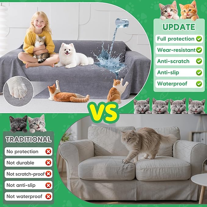 Loiion Couch Covers for 3 Cushion Couch, Gray Cat-Scratch Resistant Sofa Cover –Pets Dogs Friendly Anti Slip Thickened Slipcovers Furniture Protector, Couch Protector for Pets and Kids 150"X71"