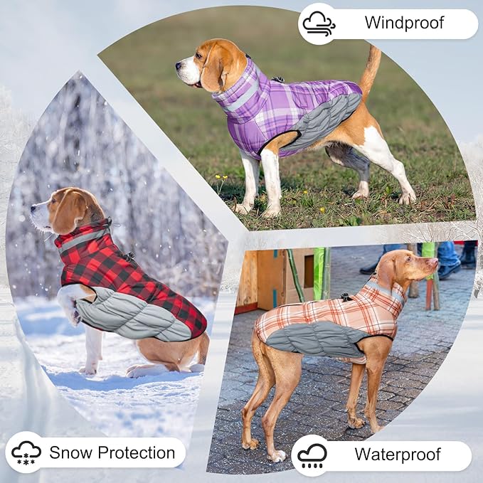 BEAUTYZOO Dog Winter Coat with Harness Built in, Reflective Plaid Puffer Vest Waterproof for Small Dogs, Fleece Warm Puppy Zipped Jacket with D Ring, Pet Cold Weather Sweater Clothes, Red S
